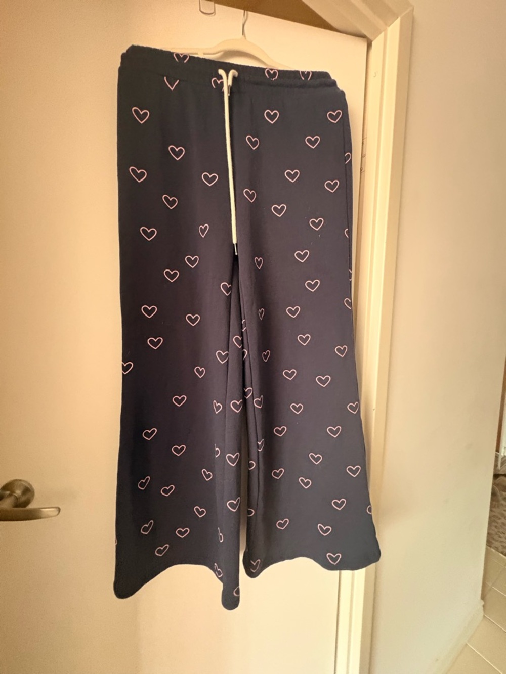 Chaser Navy Wide leg sweats with Pink hearts